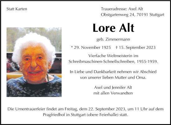 Traueranzeige von Lore Alt von Stuttgarter Zeitung / Stuttgarter Nachrichten