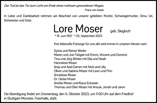 Traueranzeige von Lore Moser von Stuttgarter Zeitung / Stuttgarter Nachrichten