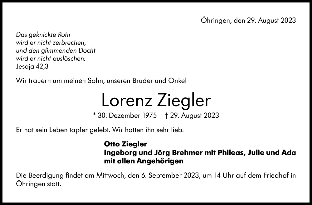  Traueranzeige für Lorenz Ziegler vom 02.09.2023 aus Stuttgarter Zeitung / Stuttgarter Nachrichten