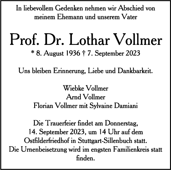Traueranzeige von Lothar Vollmer von Stuttgarter Zeitung / Stuttgarter Nachrichten