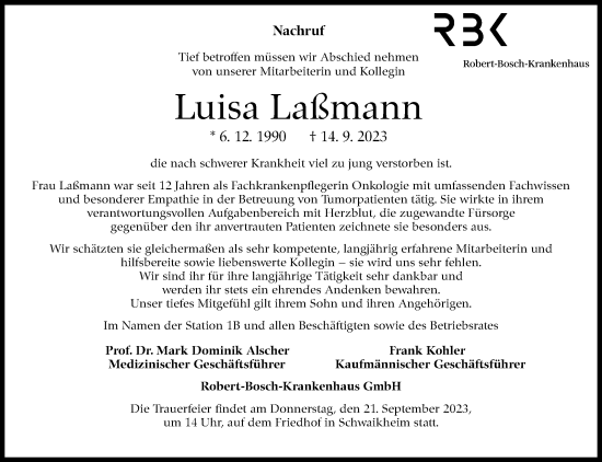 Traueranzeige von Luisa Laßmann von Stuttgarter Zeitung / Stuttgarter Nachrichten