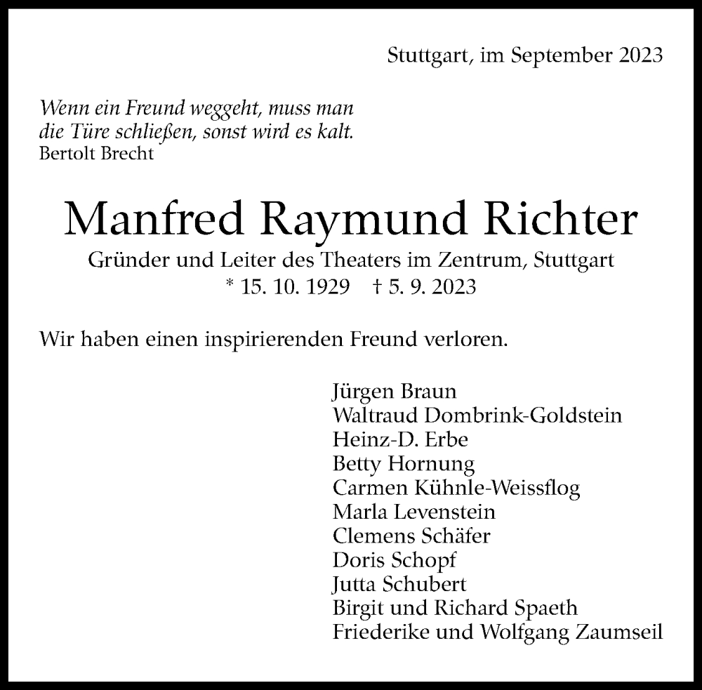  Traueranzeige für Manfred Raymund Richter vom 23.09.2023 aus Stuttgarter Zeitung / Stuttgarter Nachrichten