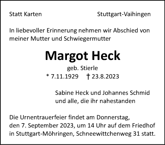 Traueranzeige von Margot Heck von Stuttgarter Zeitung / Stuttgarter Nachrichten