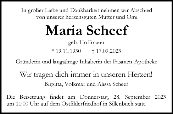 Traueranzeige von Maria Scheef von Stuttgarter Zeitung / Stuttgarter Nachrichten