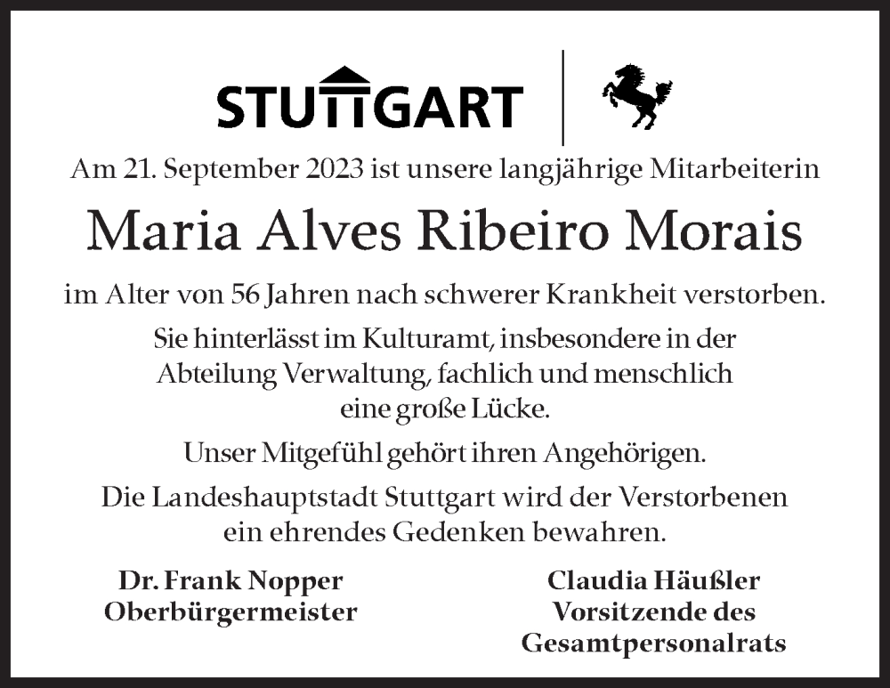  Traueranzeige für Maria Alves Ribeiro Morais vom 28.09.2023 aus Stuttgarter Zeitung / Stuttgarter Nachrichten