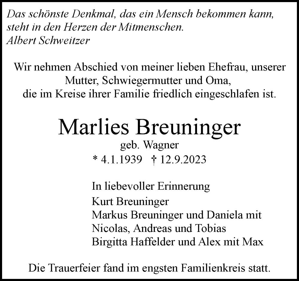  Traueranzeige für Marlies Breuninger vom 30.09.2023 aus Stuttgarter Zeitung / Stuttgarter Nachrichten