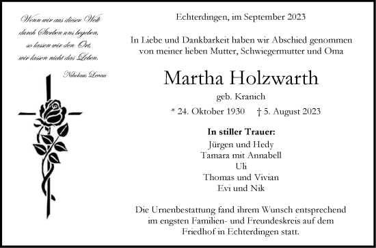 Traueranzeige von Martha Holzwarth von Stuttgarter Zeitung / Stuttgarter Nachrichten