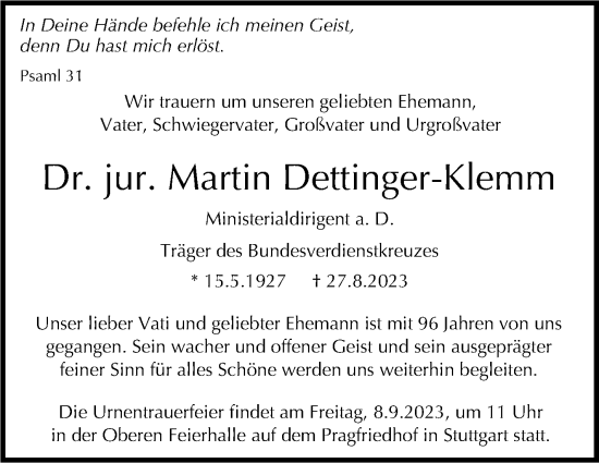 Traueranzeige von Martin Dettinger-Klemm von Stuttgarter Zeitung / Stuttgarter Nachrichten
