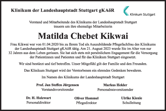 Traueranzeige von Matilda Chebet Kikwai von Stuttgarter Zeitung / Stuttgarter Nachrichten