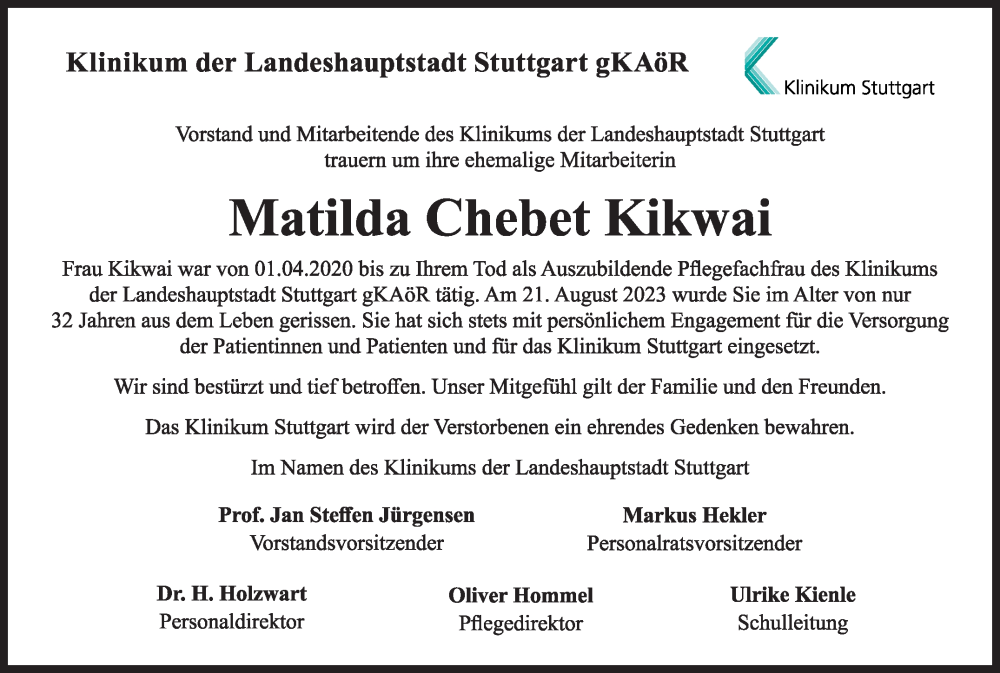 Traueranzeige für Matilda Chebet Kikwai vom 04.09.2023 aus Stuttgarter Zeitung / Stuttgarter Nachrichten