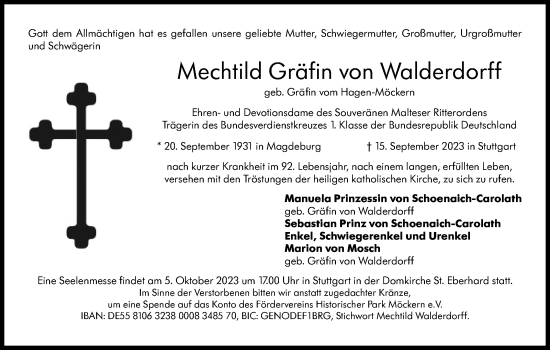 Traueranzeige von Mechtild Gräfin von Walderdorff von Stuttgarter Zeitung / Stuttgarter Nachrichten
