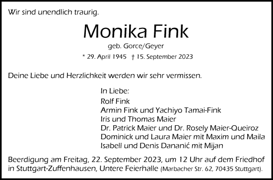 Traueranzeige von Monika Fink von Stuttgarter Zeitung / Stuttgarter Nachrichten