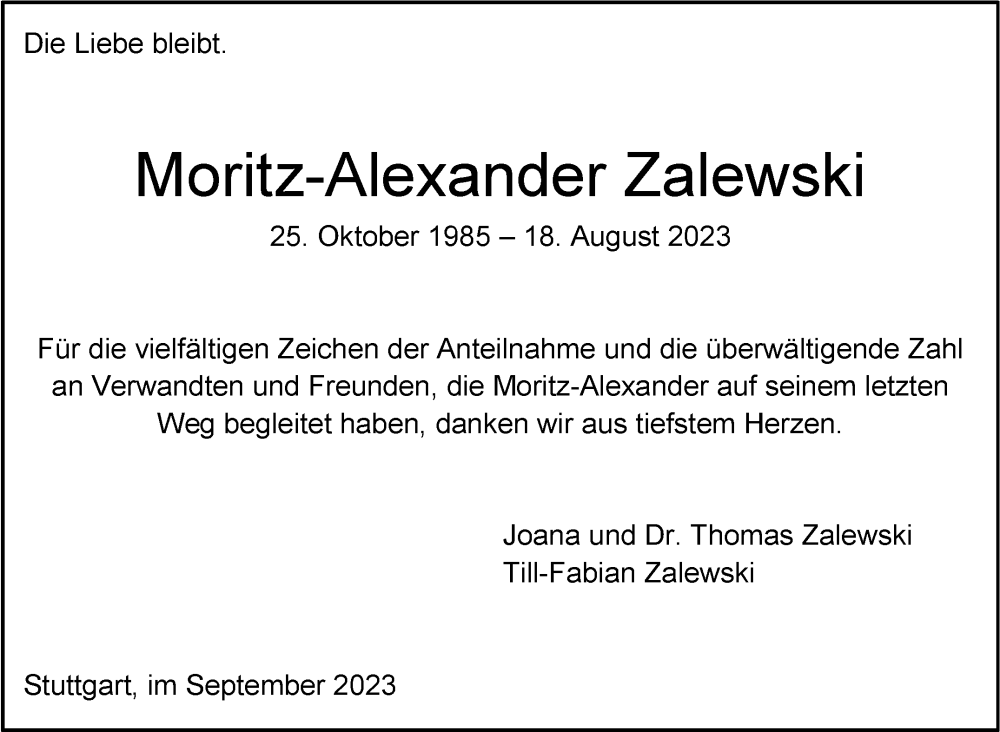  Traueranzeige für Moritz-Alexander Zalewski vom 09.09.2023 aus Stuttgarter Zeitung / Stuttgarter Nachrichten