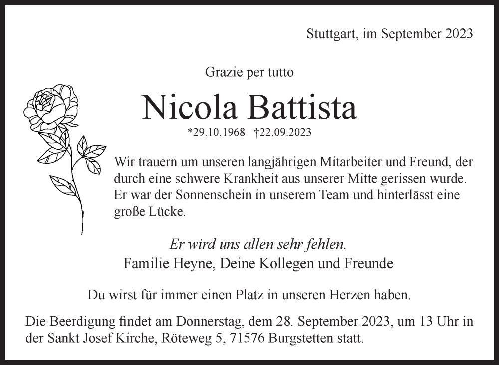  Traueranzeige für Nicola Battista vom 27.09.2023 aus Stuttgarter Zeitung / Stuttgarter Nachrichten
