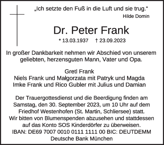 Traueranzeige von Peter Frank von Stuttgarter Zeitung / Stuttgarter Nachrichten