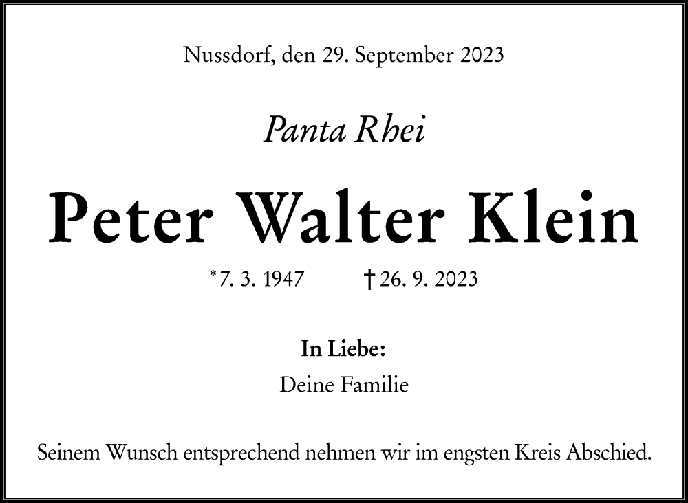  Traueranzeige für Peter Walter Klein vom 29.09.2023 aus Stuttgarter Zeitung / Stuttgarter Nachrichten