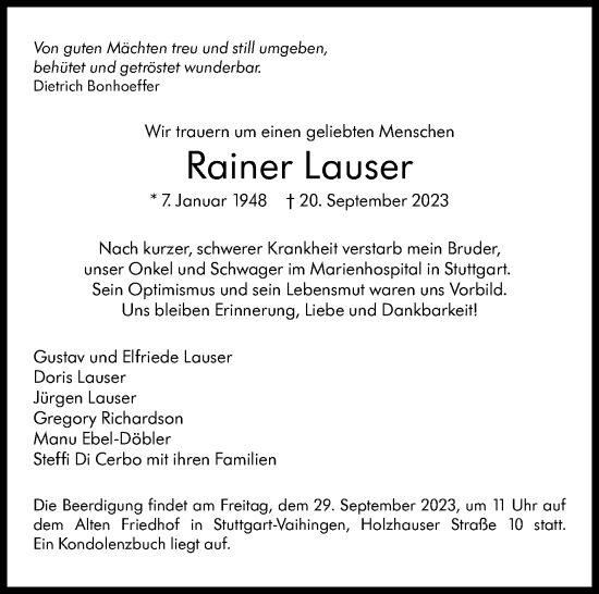 Traueranzeige von Rainer Lauser von Stuttgarter Zeitung / Stuttgarter Nachrichten