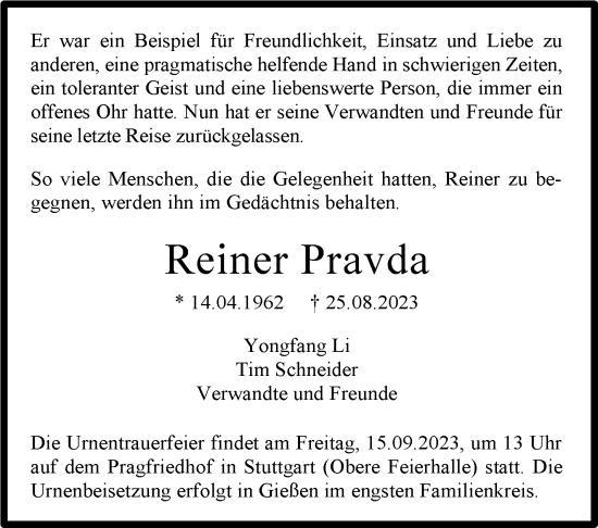 Traueranzeige von Reiner Pravda von Stuttgarter Zeitung / Stuttgarter Nachrichten