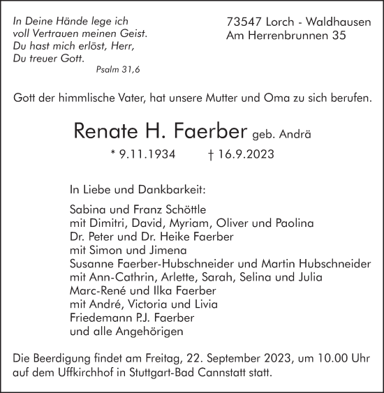 Traueranzeige von Renate H. Faerber von Stuttgarter Zeitung / Stuttgarter Nachrichten