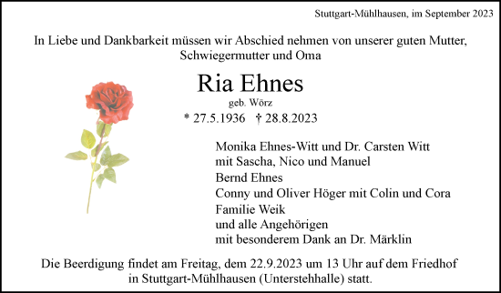 Traueranzeige von Ria Ehnes von Stuttgarter Zeitung / Stuttgarter Nachrichten