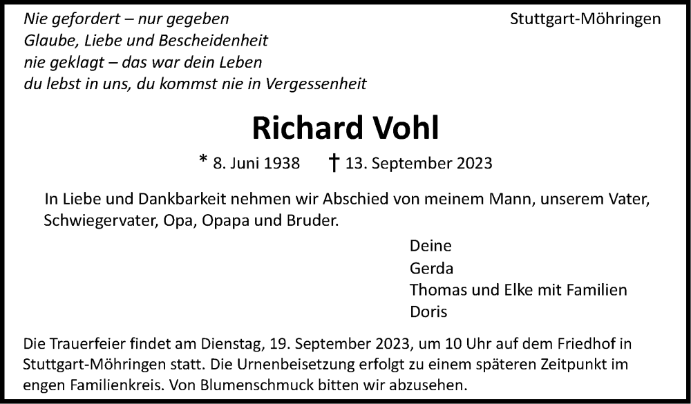  Traueranzeige für Richard Vohl vom 16.09.2023 aus Stuttgarter Zeitung / Stuttgarter Nachrichten