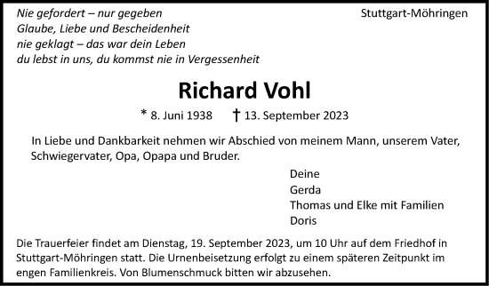Traueranzeige von Richard Vohl von Stuttgarter Zeitung / Stuttgarter Nachrichten