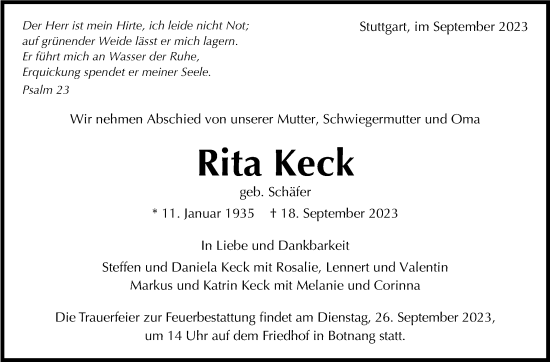 Traueranzeige von Rita Keck von Stuttgarter Zeitung / Stuttgarter Nachrichten
