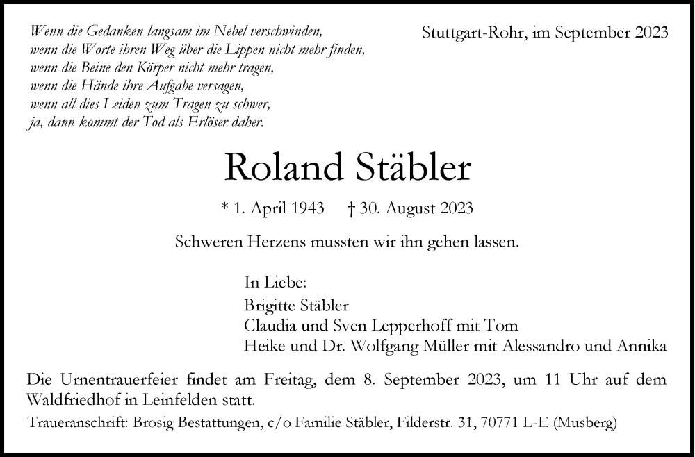  Traueranzeige für Roland Stäbler vom 05.09.2023 aus Stuttgarter Zeitung / Stuttgarter Nachrichten