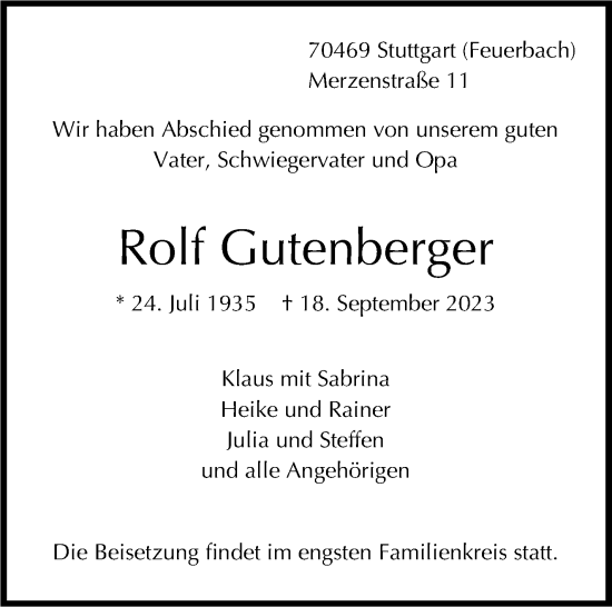 Traueranzeige von Rolf Gutenberger von Stuttgarter Zeitung / Stuttgarter Nachrichten