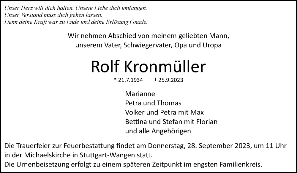  Traueranzeige für Rolf Kronmüller vom 27.09.2023 aus Stuttgarter Zeitung / Stuttgarter Nachrichten