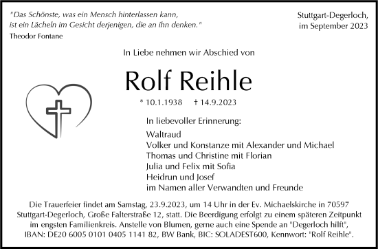 Traueranzeige von Rolf Reihle von Stuttgarter Zeitung / Stuttgarter Nachrichten
