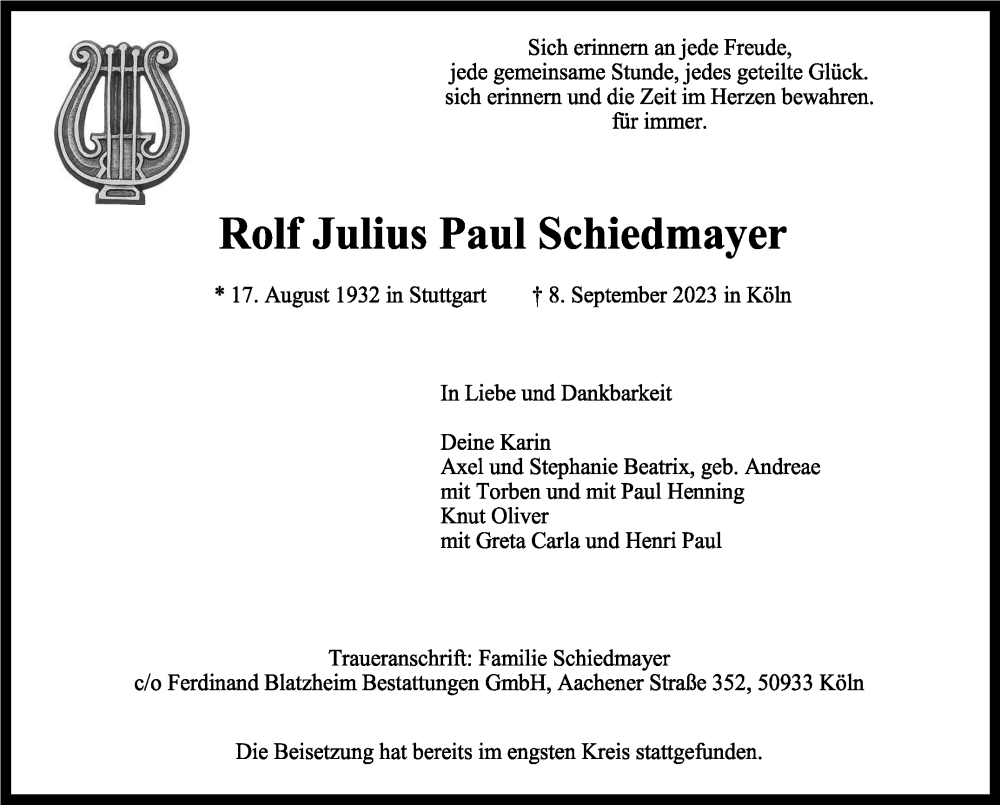  Traueranzeige für Rolf Julius Paul Schiedmayer vom 30.09.2023 aus Stuttgarter Zeitung / Stuttgarter Nachrichten