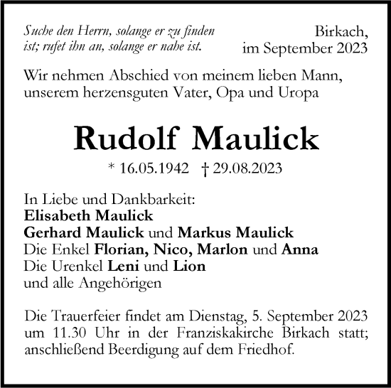 Traueranzeige von Rudolf Maulick von Stuttgarter Zeitung / Stuttgarter Nachrichten