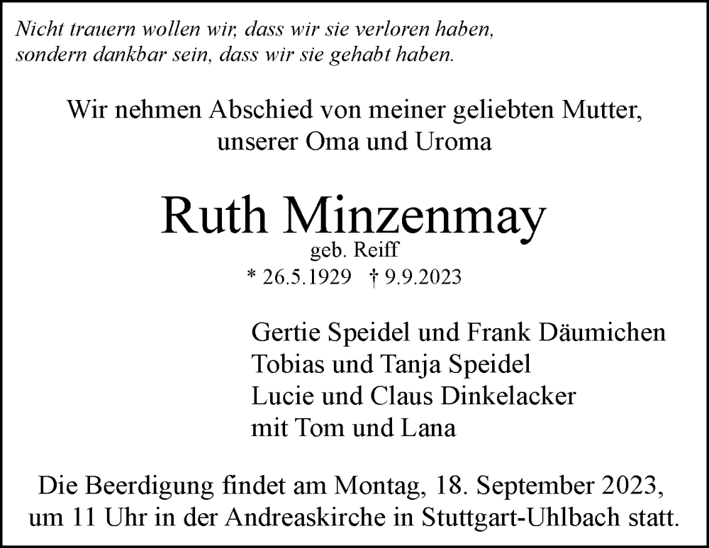  Traueranzeige für Ruth Minzenmay vom 14.09.2023 aus Stuttgarter Zeitung / Stuttgarter Nachrichten