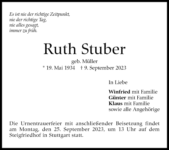 Traueranzeige von Ruth Stuber von Stuttgarter Zeitung / Stuttgarter Nachrichten