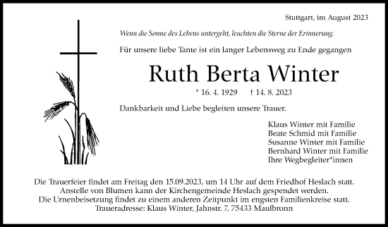 Traueranzeige von Ruth  Winter von Stuttgarter Zeitung / Stuttgarter Nachrichten