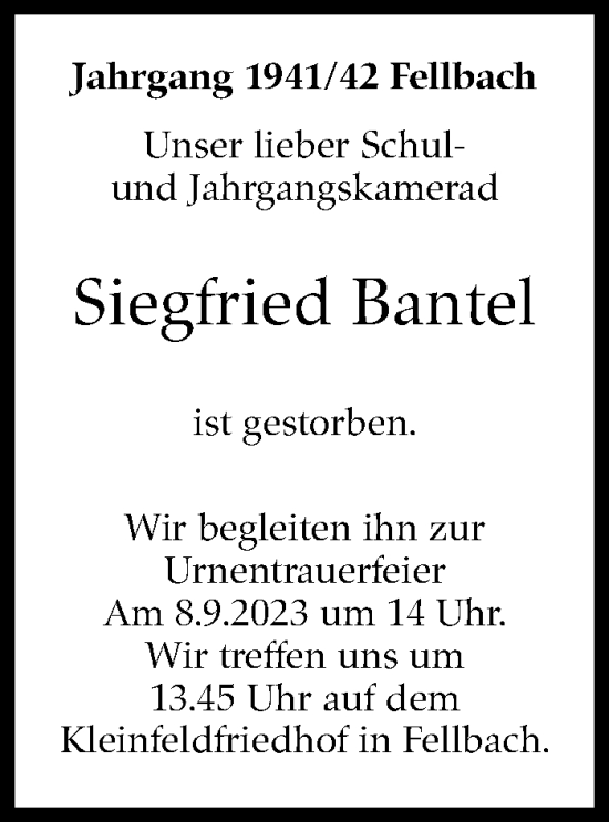 Traueranzeige von Siegfried Bantel von Stuttgarter Zeitung / Stuttgarter Nachrichten