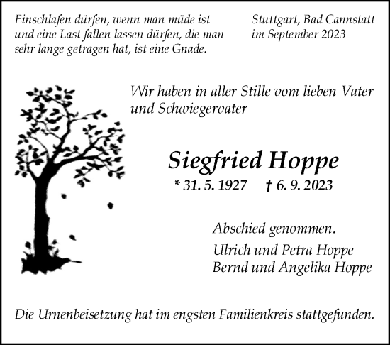 Traueranzeige von Siegfried Hoppe von Stuttgarter Zeitung / Stuttgarter Nachrichten