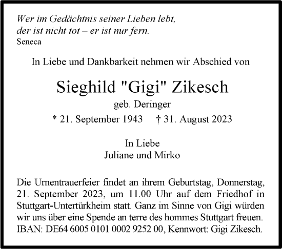 Traueranzeige von Sieghild Zikesch von Stuttgarter Zeitung / Stuttgarter Nachrichten