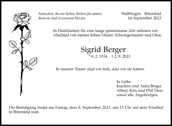 Traueranzeige von Sigrid Berger von Stuttgarter Zeitung / Stuttgarter Nachrichten