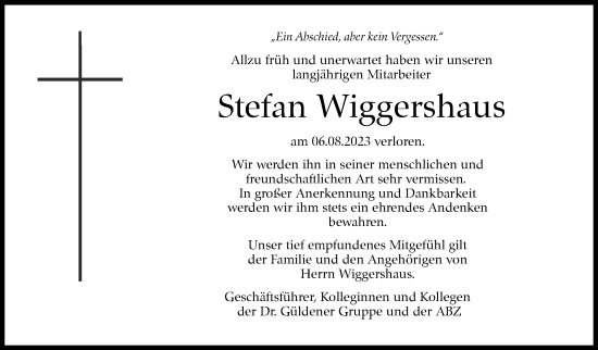 Traueranzeige von Stefan Wiggershaus von Stuttgarter Zeitung / Stuttgarter Nachrichten