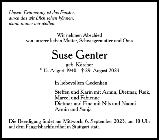 Traueranzeige von Suse Center von Stuttgarter Zeitung / Stuttgarter Nachrichten