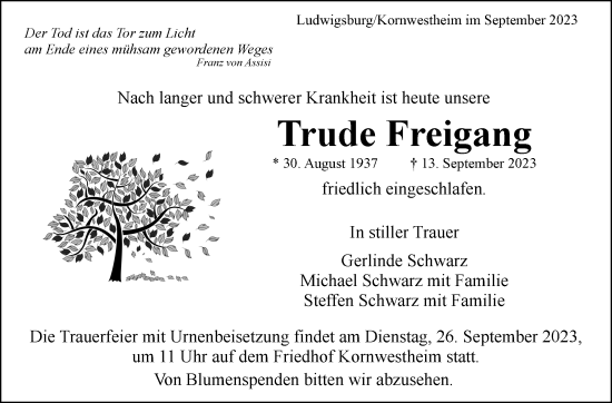 Traueranzeige von Trude Freigang von Stuttgarter Zeitung / Stuttgarter Nachrichten