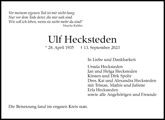 Traueranzeige von Ulf Hecksteden von Stuttgarter Zeitung / Stuttgarter Nachrichten