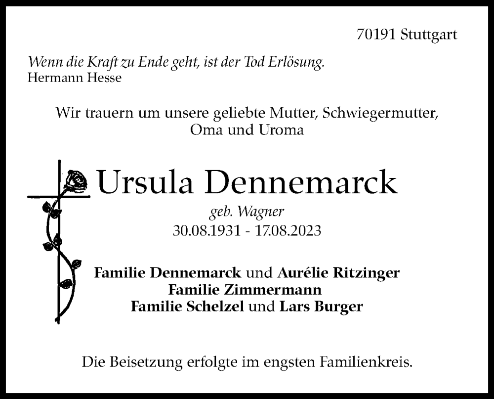  Traueranzeige für Ursula Dennemarck vom 02.09.2023 aus Stuttgarter Zeitung / Stuttgarter Nachrichten