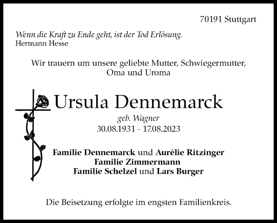 Traueranzeige von Ursula Dennemarck von Stuttgarter Zeitung / Stuttgarter Nachrichten