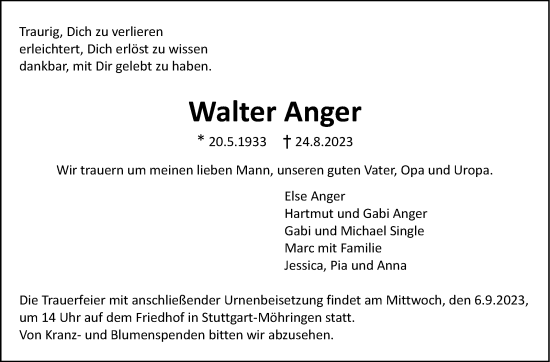 Traueranzeige von Walter Anger von Stuttgarter Zeitung / Stuttgarter Nachrichten