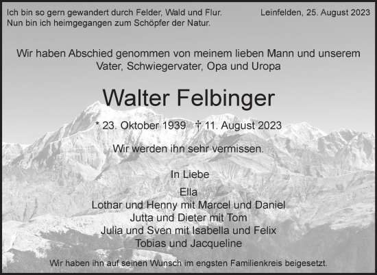 Traueranzeige von Walter Felbinger von Stuttgarter Zeitung / Stuttgarter Nachrichten