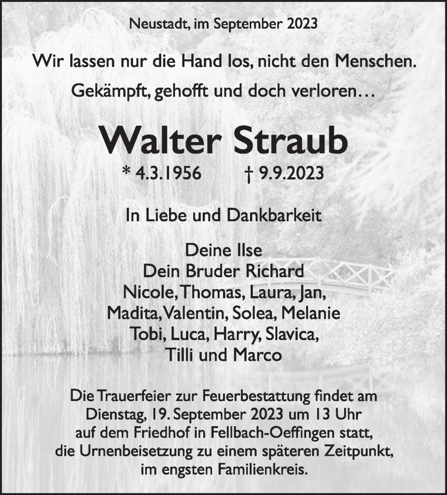  Traueranzeige für Walter Straub vom 15.09.2023 aus Stuttgarter Zeitung / Stuttgarter Nachrichten