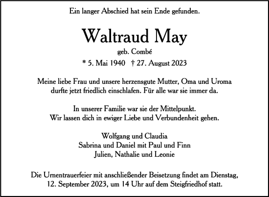 Traueranzeige von Waltraud May von Stuttgarter Zeitung / Stuttgarter Nachrichten